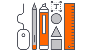 An illustration showing various design tools such as a ruler, pencil and highlighter.