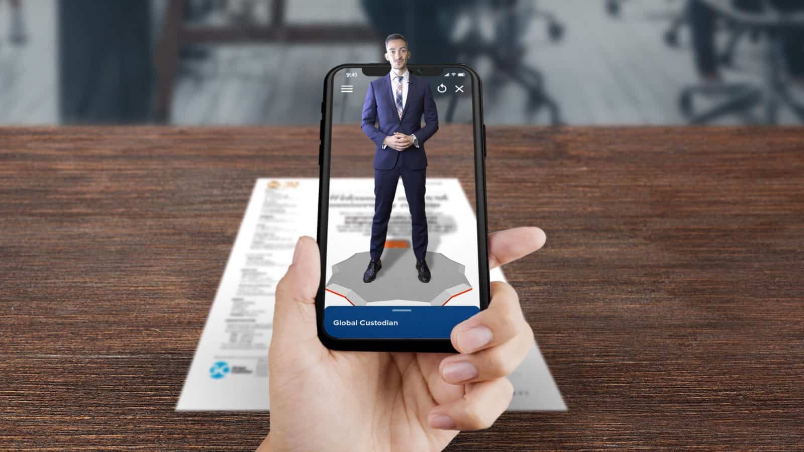 A smartphone scanning a document which present and AR person wearing a suit.