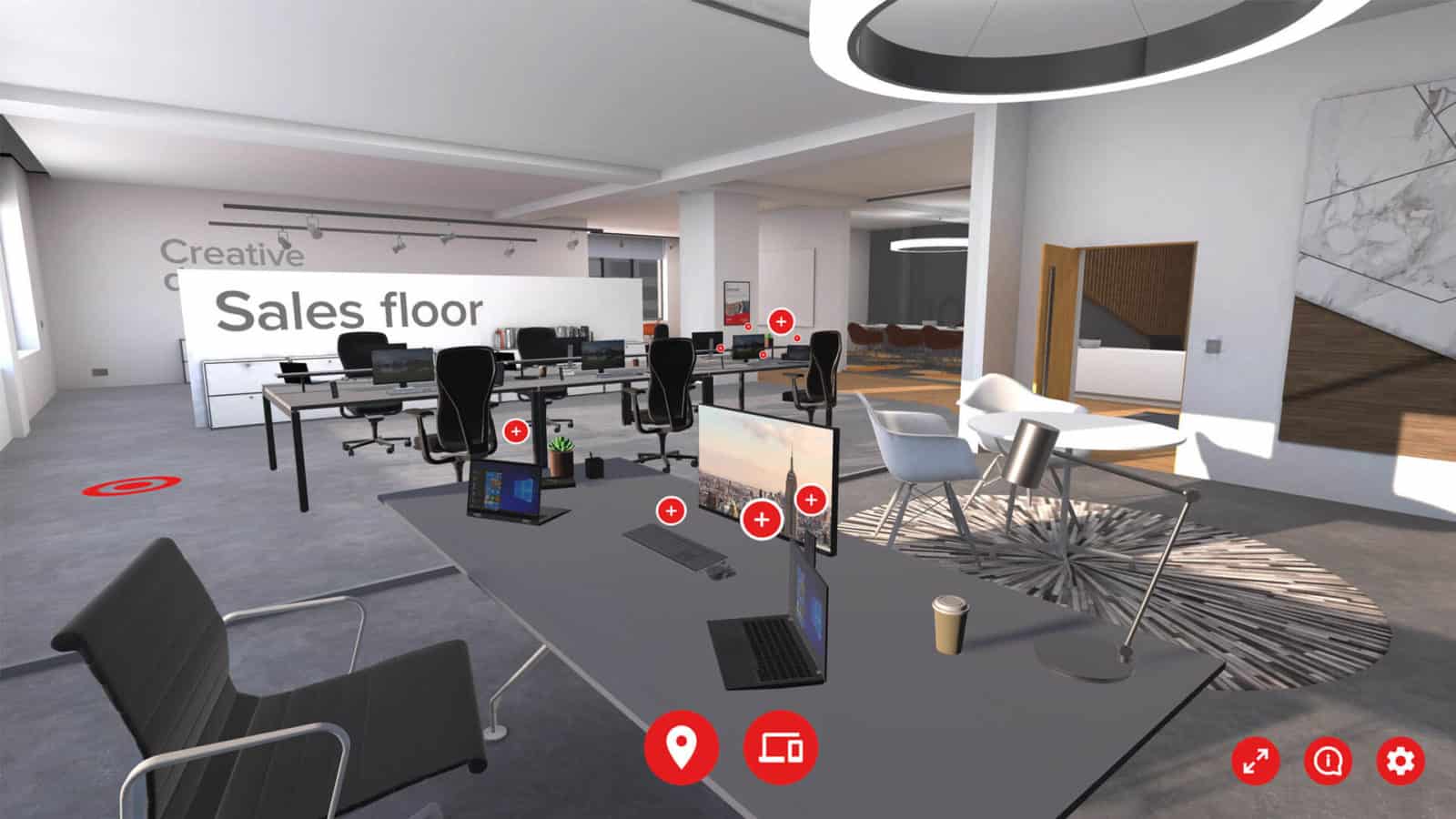 A large virtual office room made of 3D components.