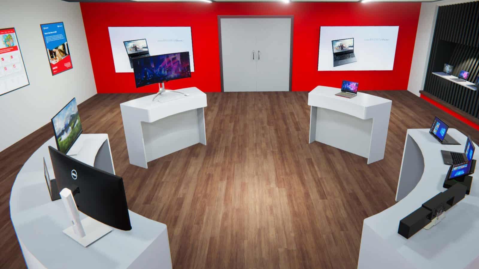 Virtual showroom with various 3D modelled computers and laptops.