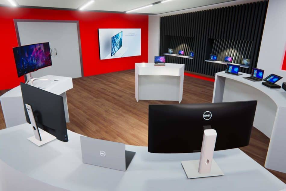 A virtual showroom with various 3D modelled computers and laptops.