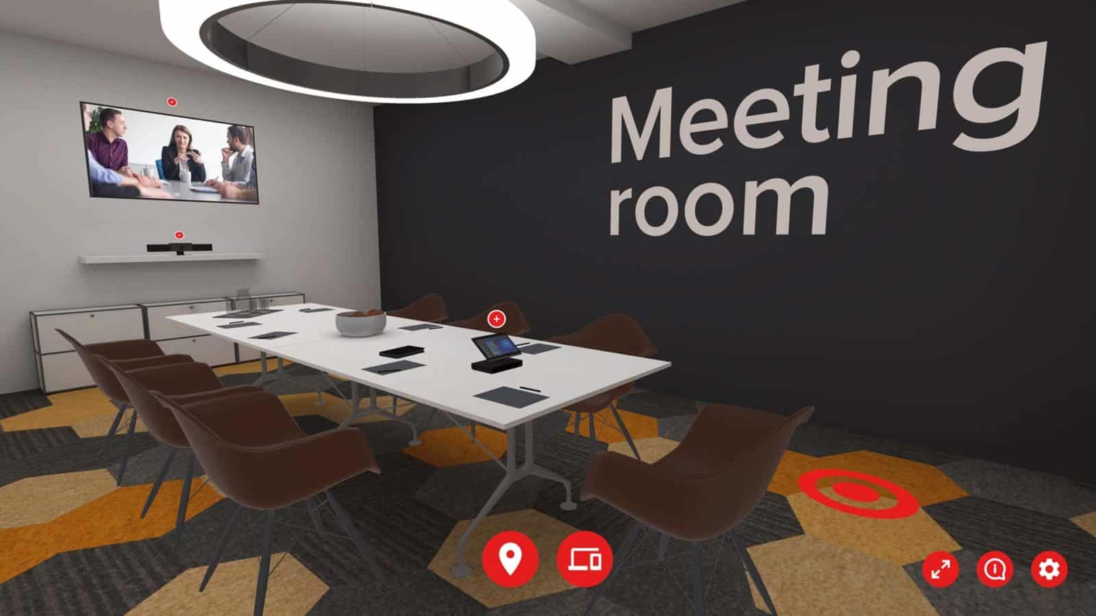 Virtual 3D meeting room with a long white table and chair surrounding it.