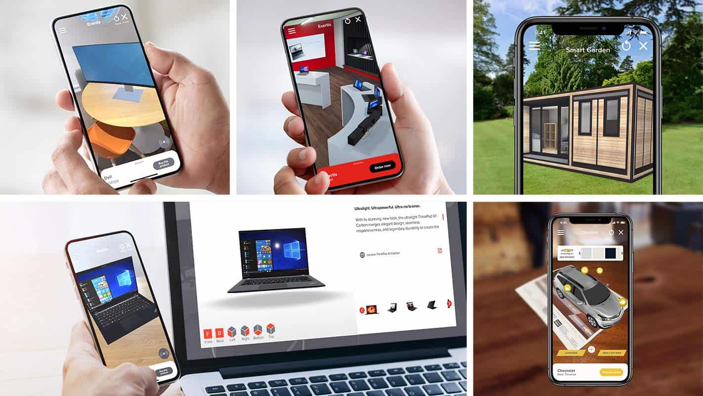 A collage of REYDAR augmented reality experiences being used on smartphone.