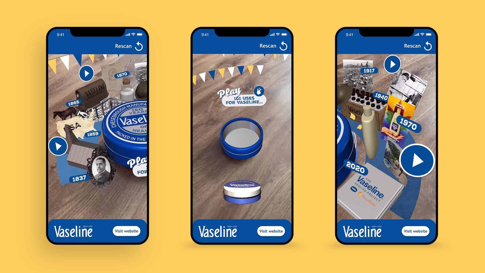 3 phones side by side showing the steps in a Vaseline AR experience.