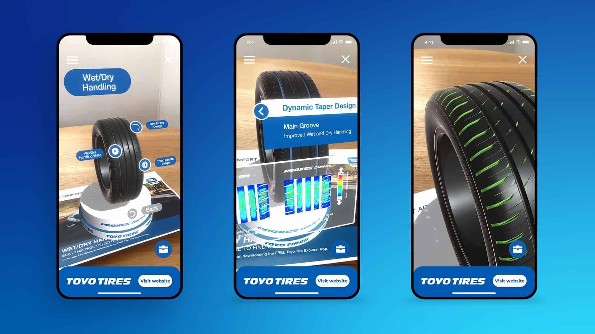 Three smartphone showing the Toyo Tires augmented reality app.
