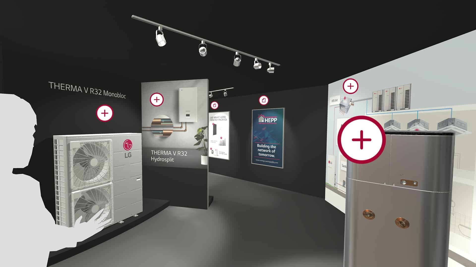 Various stands within the LG virtual event stand which all have unique products on them.