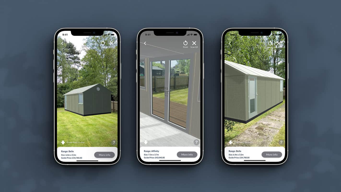 Three smartphones side by side showing Smartgarden home in augmented reality.