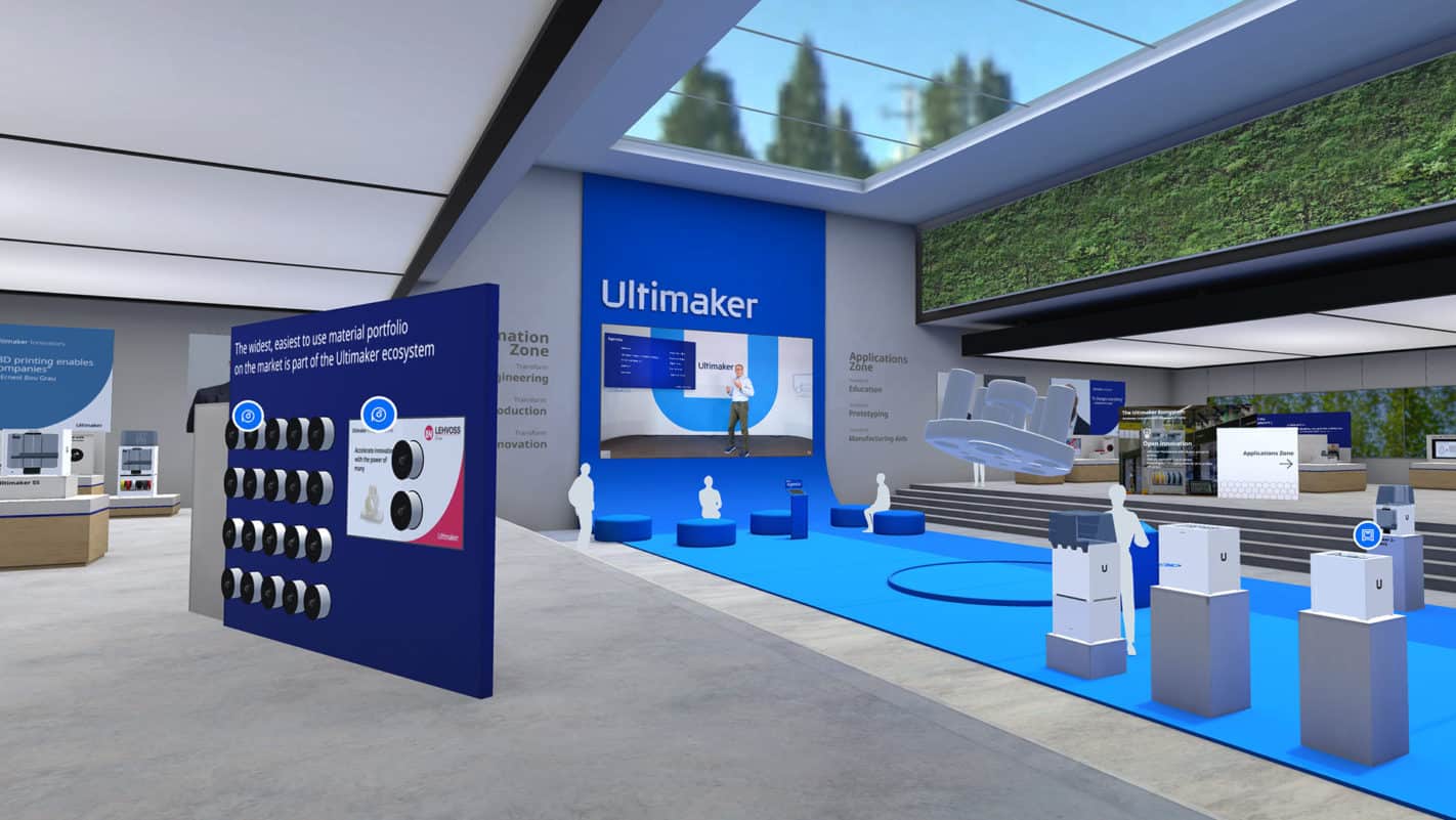 A wide angle view of the Ultimaker virtual showroom.