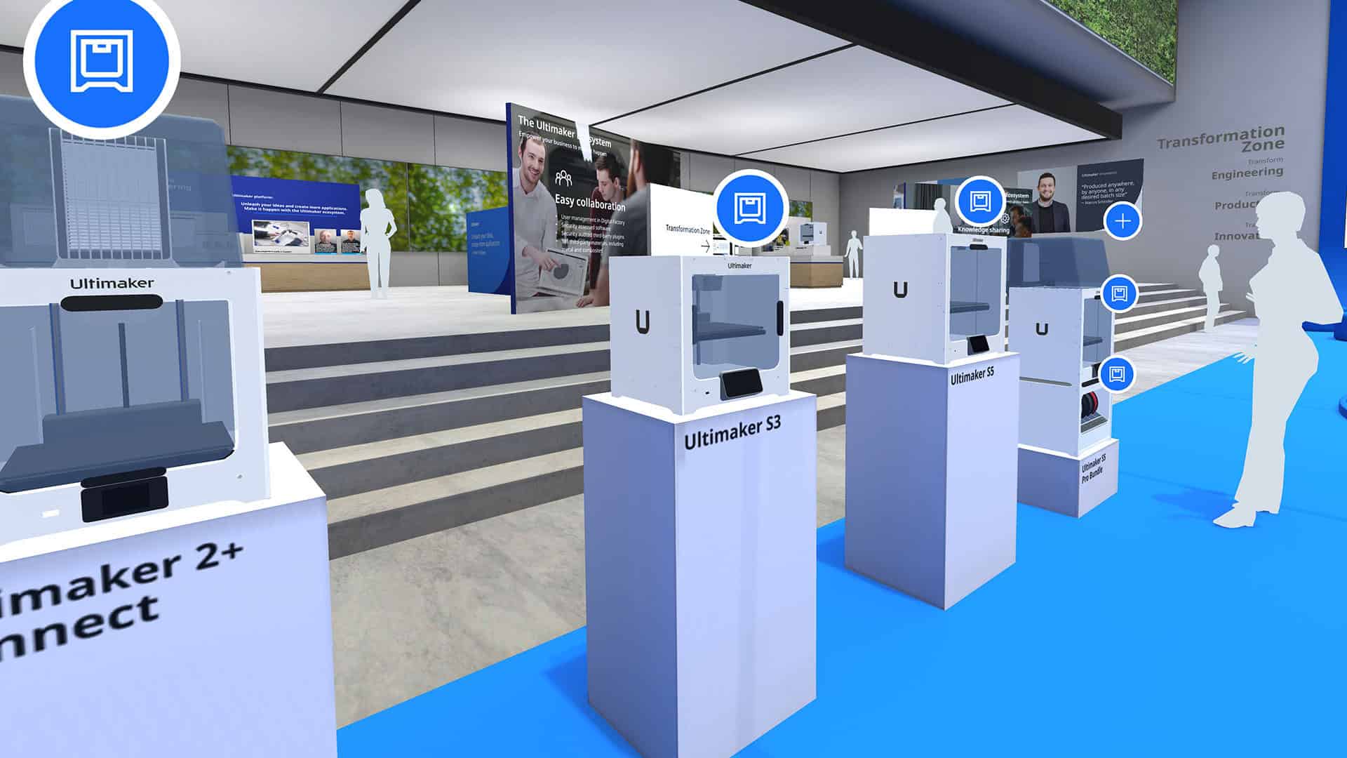 A snapshot from inside the Ultimaker virtual showroom which has 3D products on podiums.