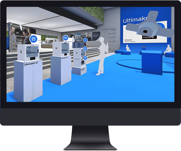 A desktop computer screen showcasing the Ultimaker virtual showroom.