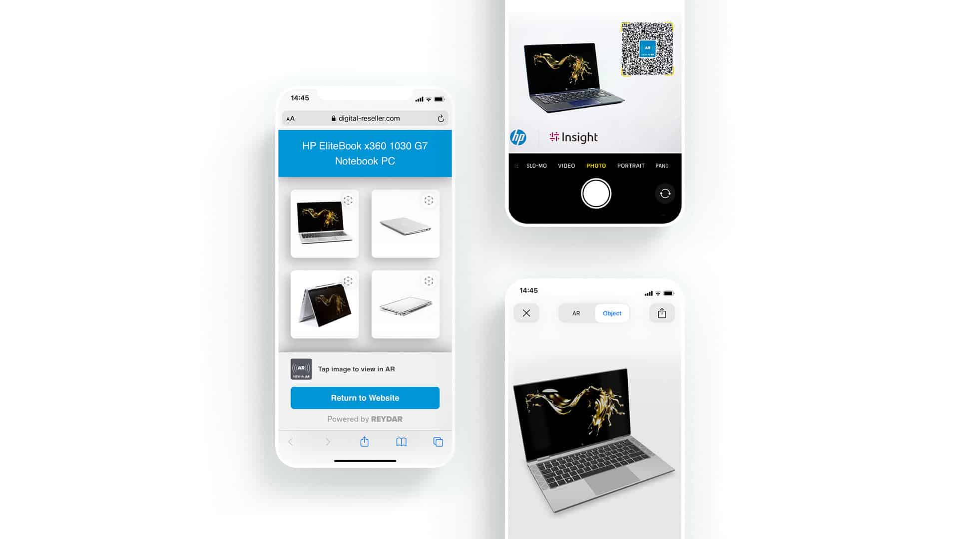 Mobile screenshots of the HP website showcasing the 3D models created by REYDAR.