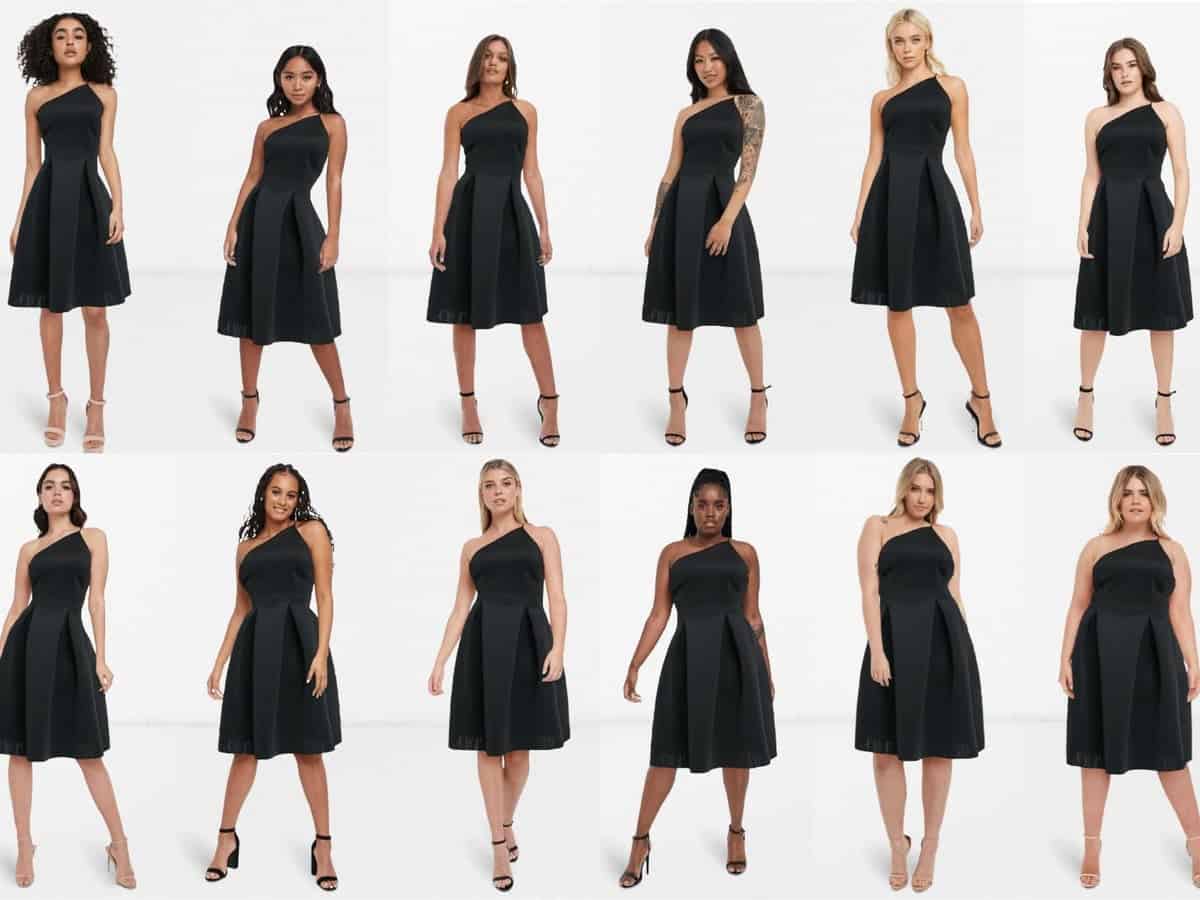 12 women all of unique shape and size wearing the same dress.