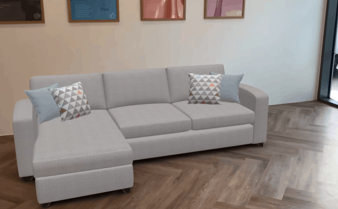 A 3D modelled DFS sofa being viewed in a lounge space.