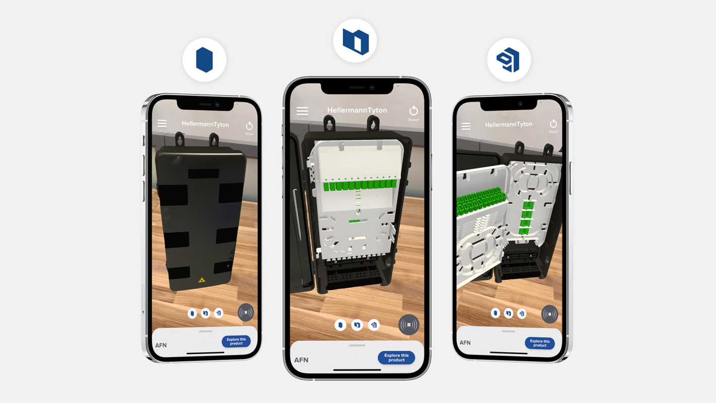 Smartphones showing a product form the Hellermann Tyton app in augmented reality.