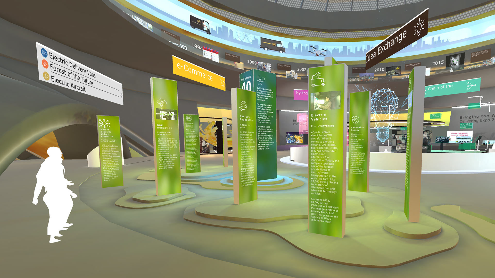 A section within the UPS Hive virtual space which has various green stands displaying information.
