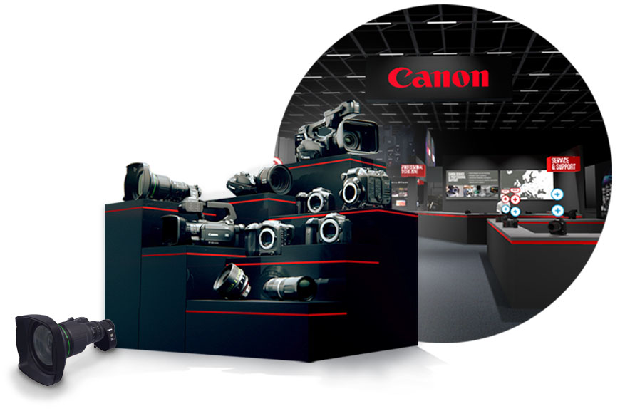 A range of Canon camera 3D models on a tired podium with a virtual store in the backgound.