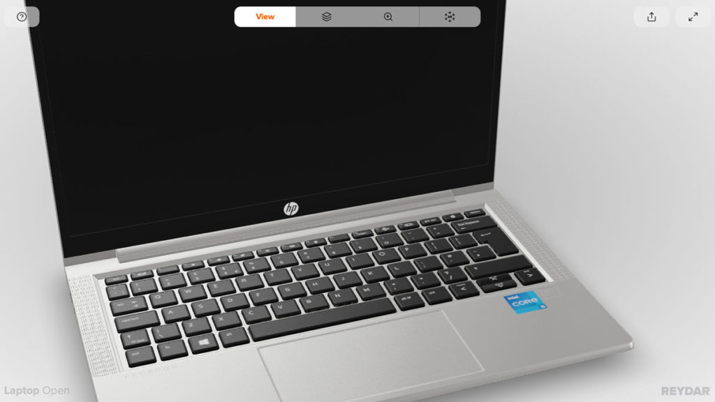 A screenshot of a 3D viewer that is hosting a model of a HP laptop.
