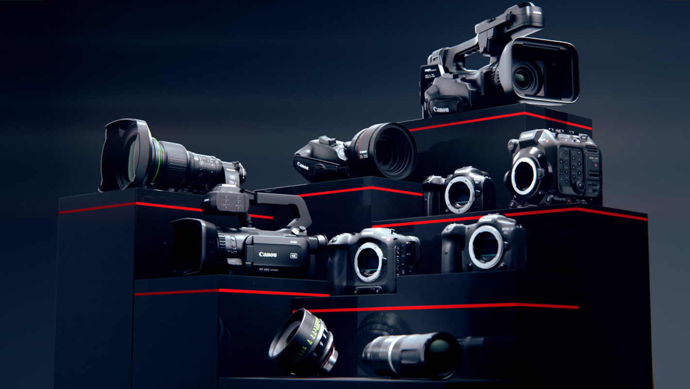 A selection of 3D modeled black Canon cameras placed on a multi-level display stand.