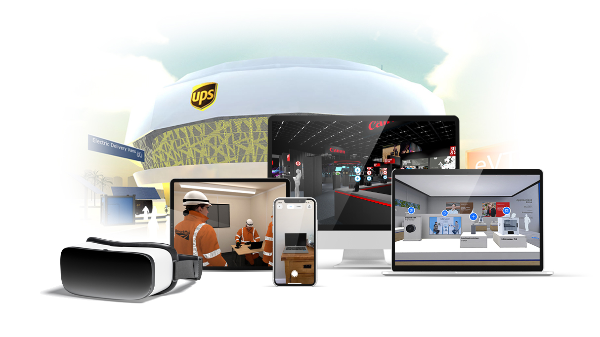Multiple devices showing a variety of REYDAR virtual environment solutions.