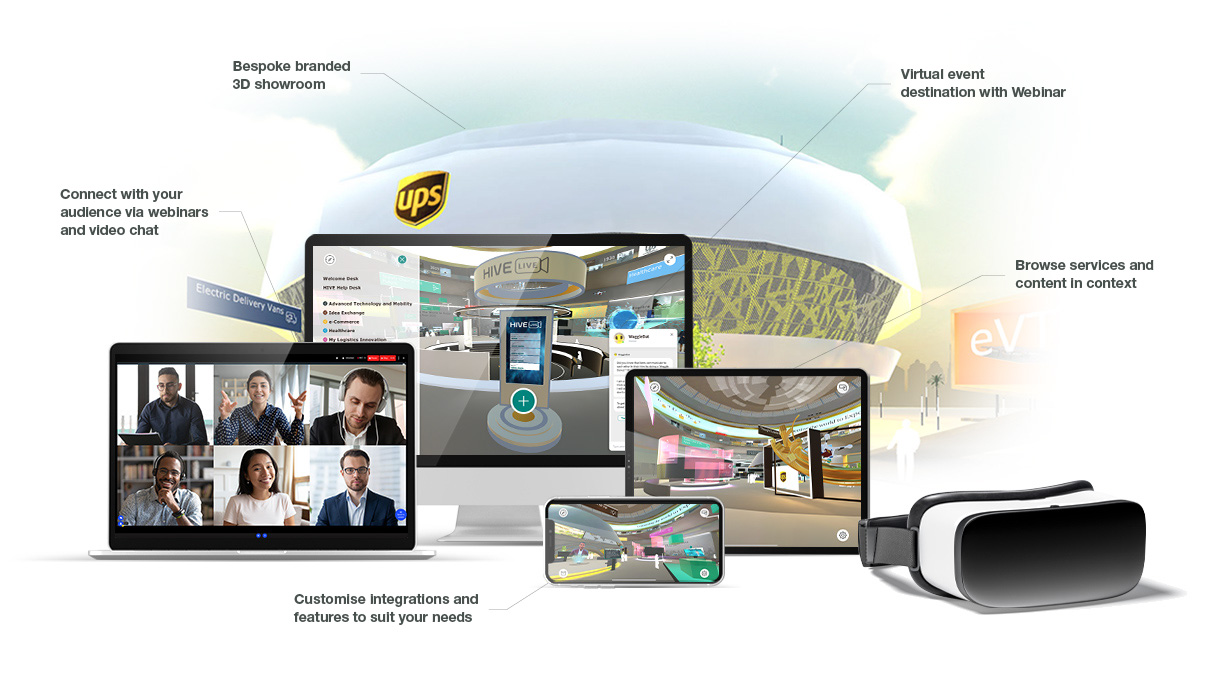 Multiple devices showcasing the work that completed for UPS, from webinars to a virtual showroom.