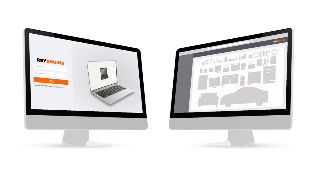 Two iMac computers side by side angled towards each other with REYENGINE on the screen.