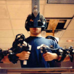 A man using Louis Rooservelts "Virtual Fixtures" AR exoskeleton suit.