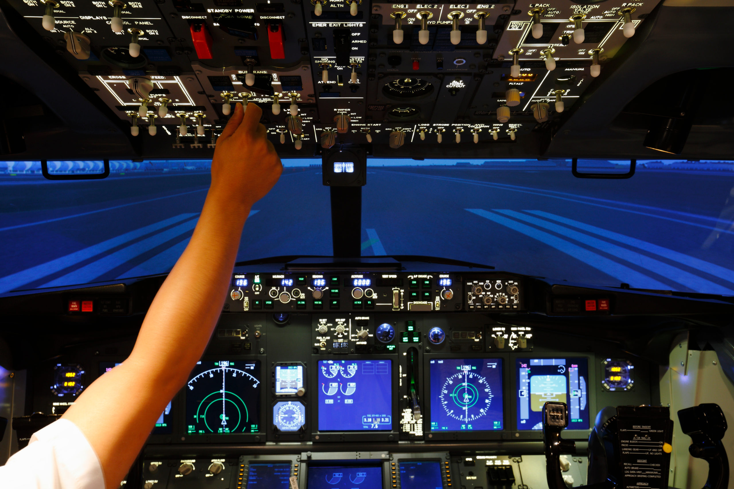 The inside of cockpit on a flight simulator.