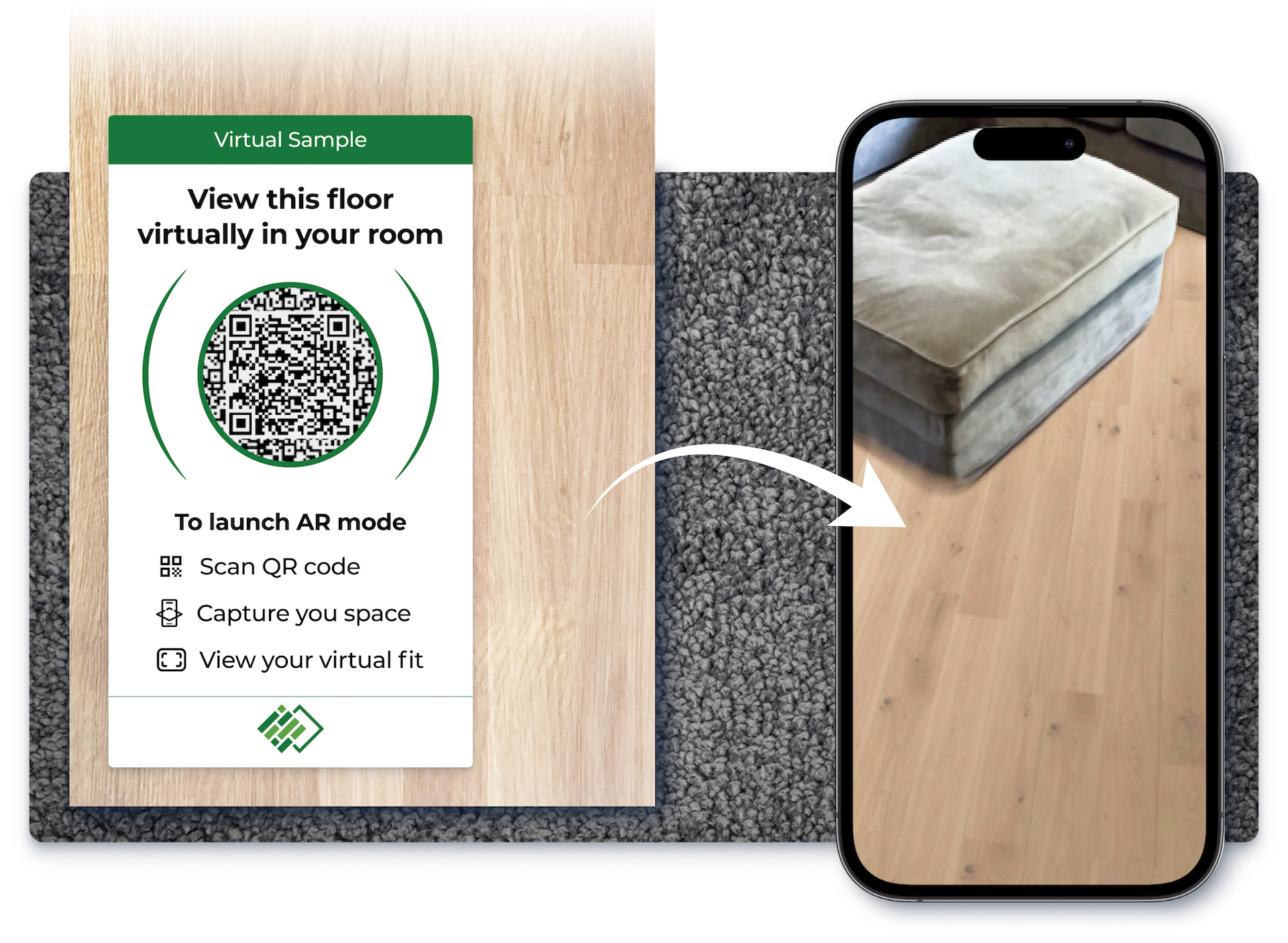 A flooring sample with a QR code on it and an arrow pointing right to an AR experience.