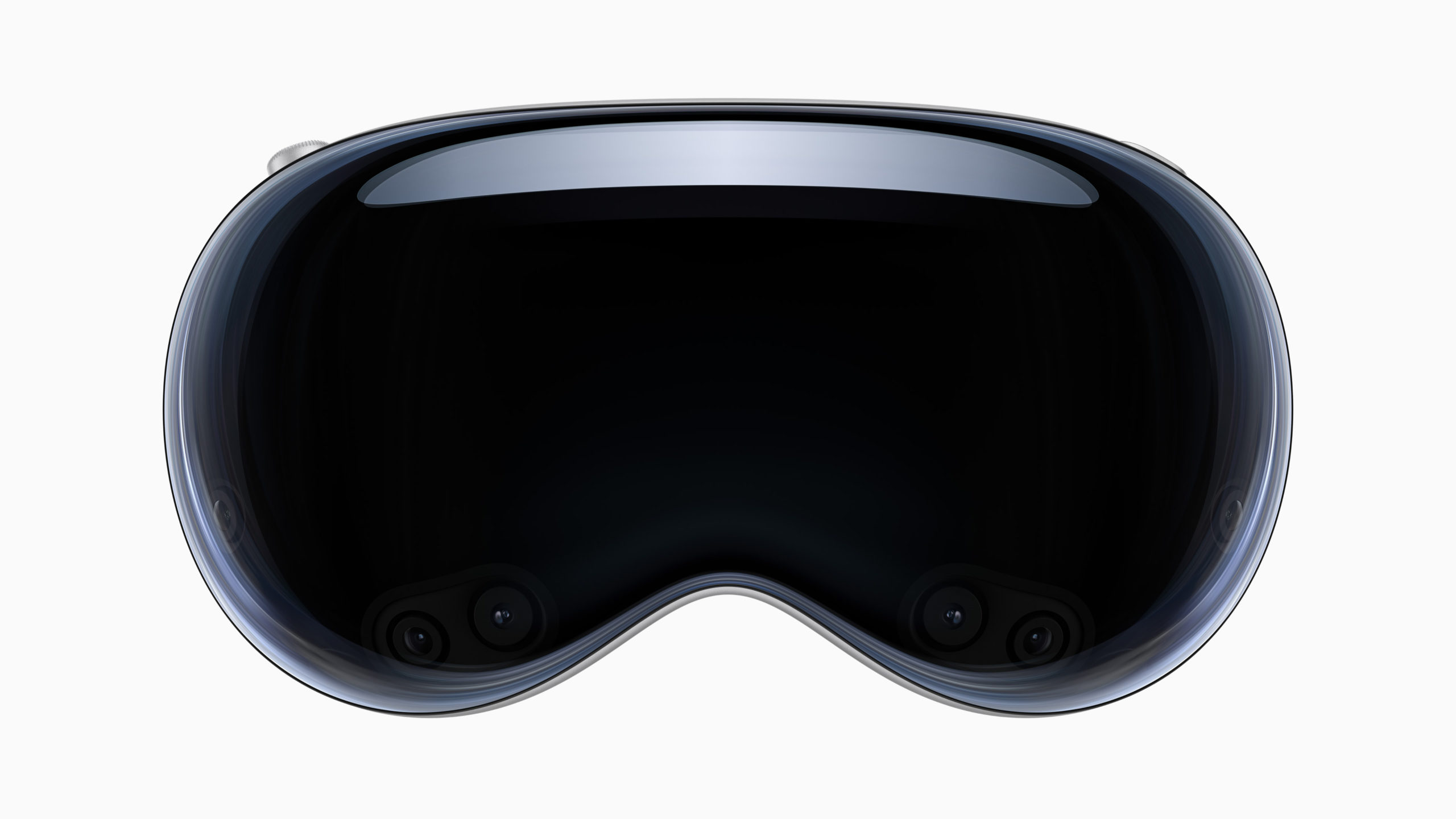 A front shot of the Apple Vision Pro headset which look similar to ski goggles.