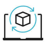 An icon of a laptop and a cube with arrows going in a circular motion around the cube.