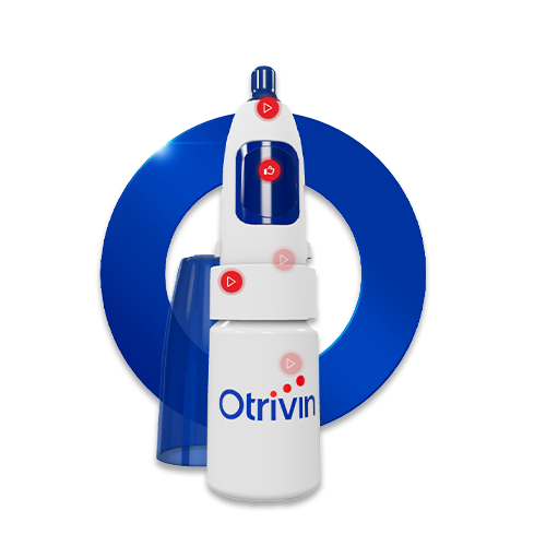 A 3D model of an Otrivin nose spray on a white background with a large blue circle.