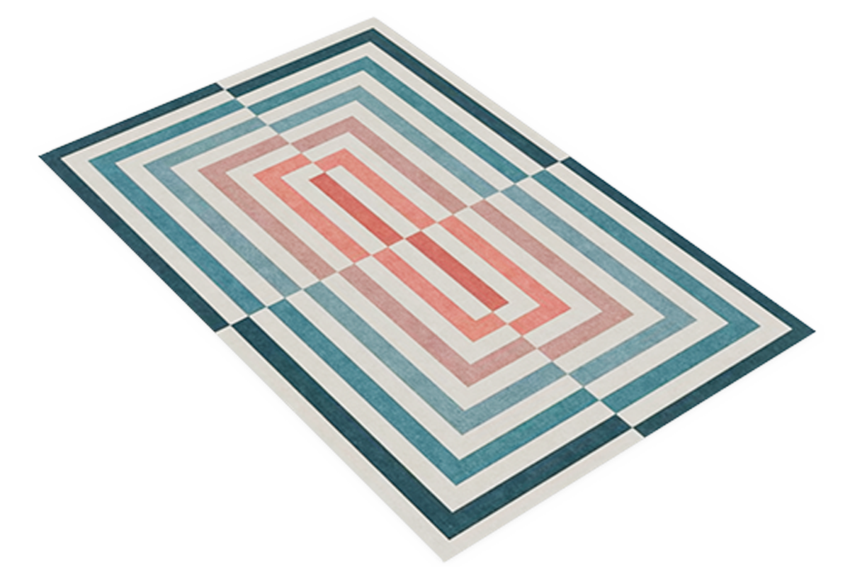 A 3D modelled rug that has a geometric pattern on it.