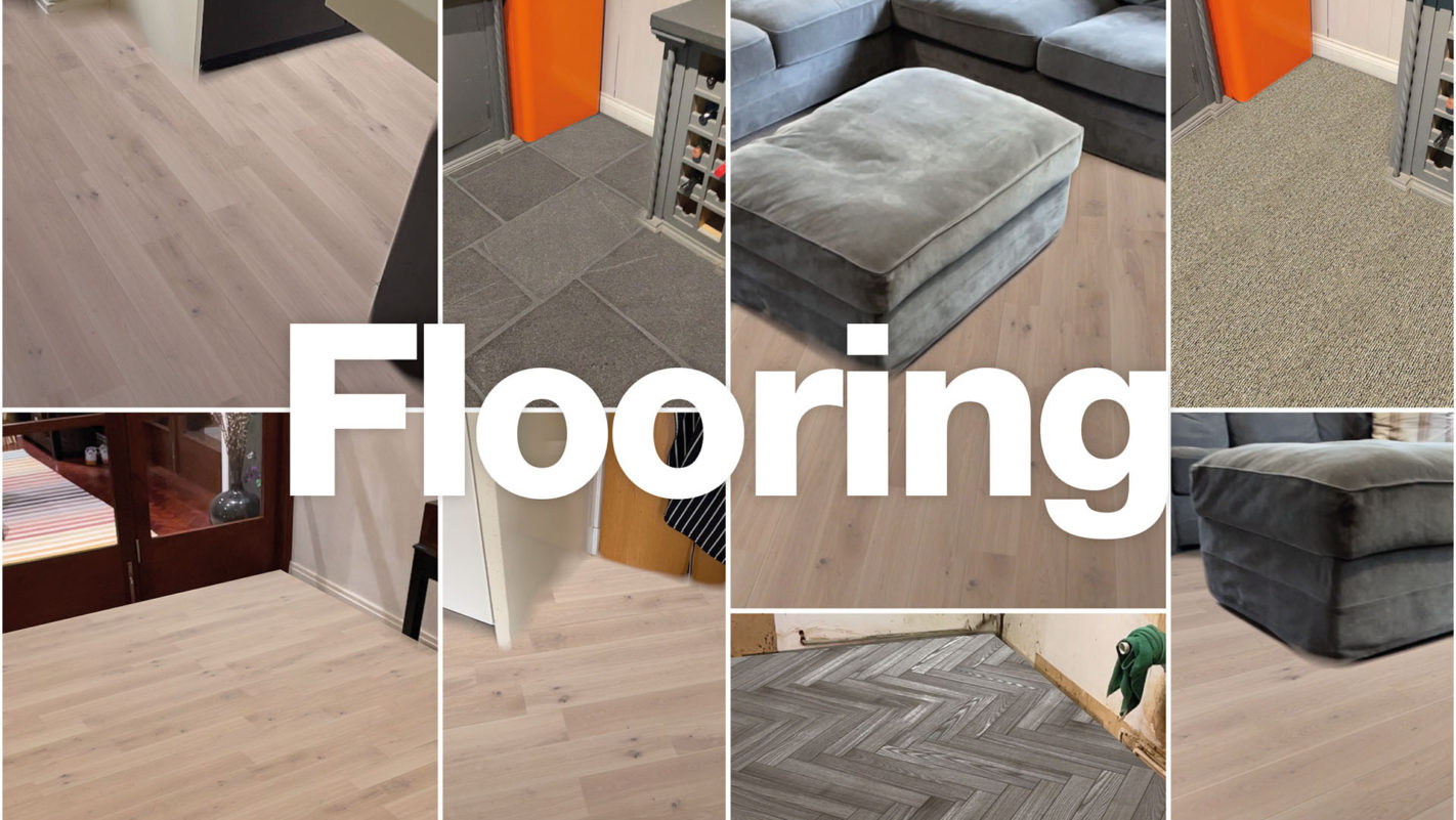 A collage of augmented reality flooring in action in real spaces.