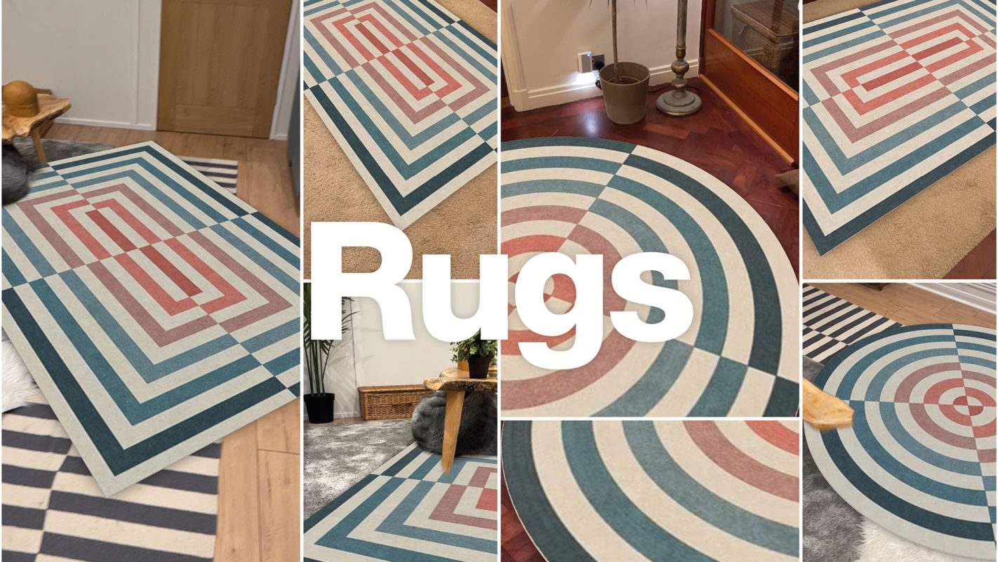 A collage of augmented reality rugs in action in real spaces.