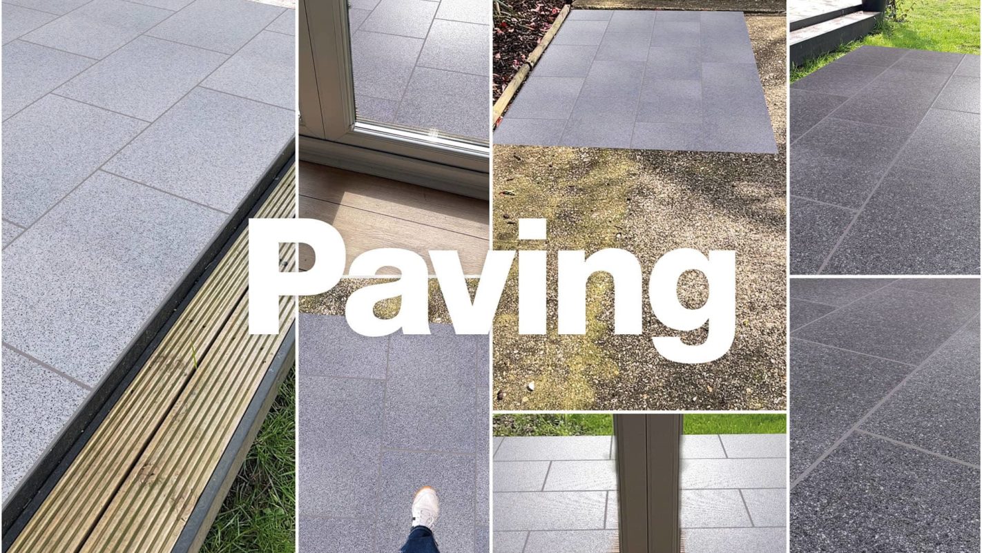 A collage of augmented reality paving in action in real spaces.