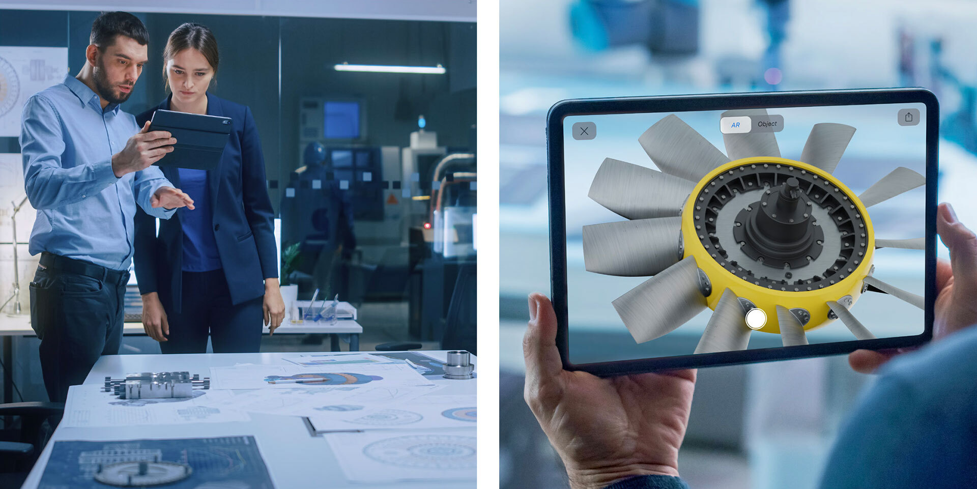 Two product developers exploring their new turbine product in 3D and Augmented Reality.